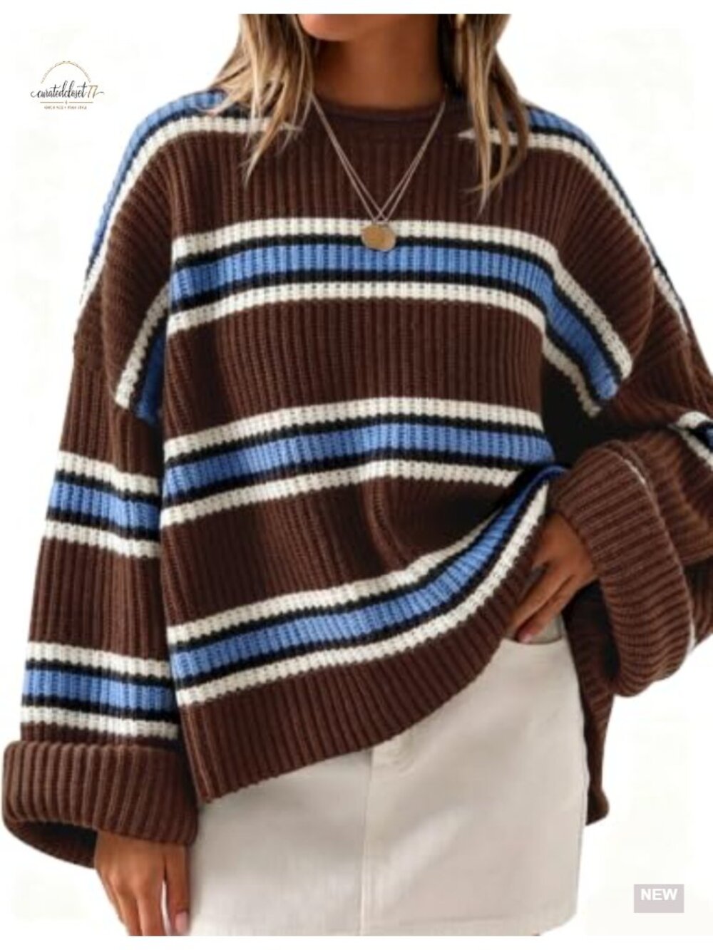 Oversized Striped Knit Sweater Pullover with Flared Long Sleeves